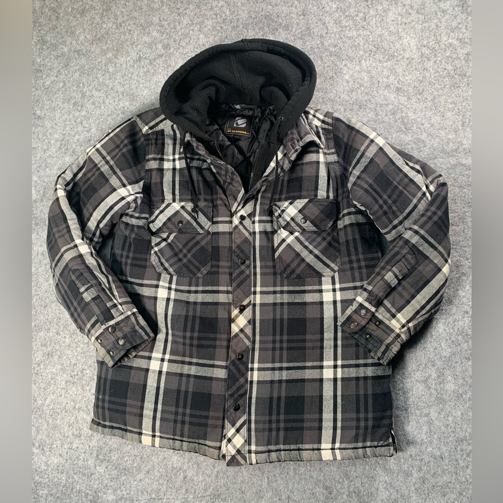 Men's Black & Gray Plaid Hooded Shirt Jacket